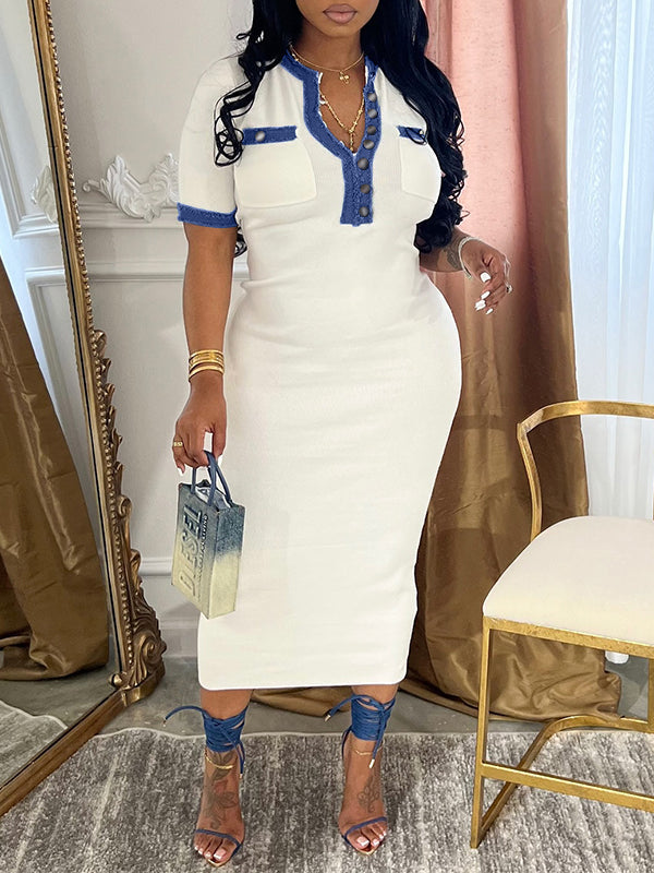 Denim-Combo Button-Front Dress--Clearance