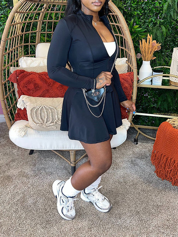 Solid Zip Top & Mini Skirt Set--Clearance Black S
