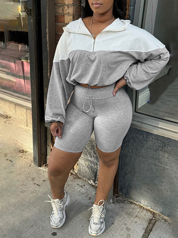 Two-Tone Zip Hoodie & Biker Shorts Set--Clearance Gray S