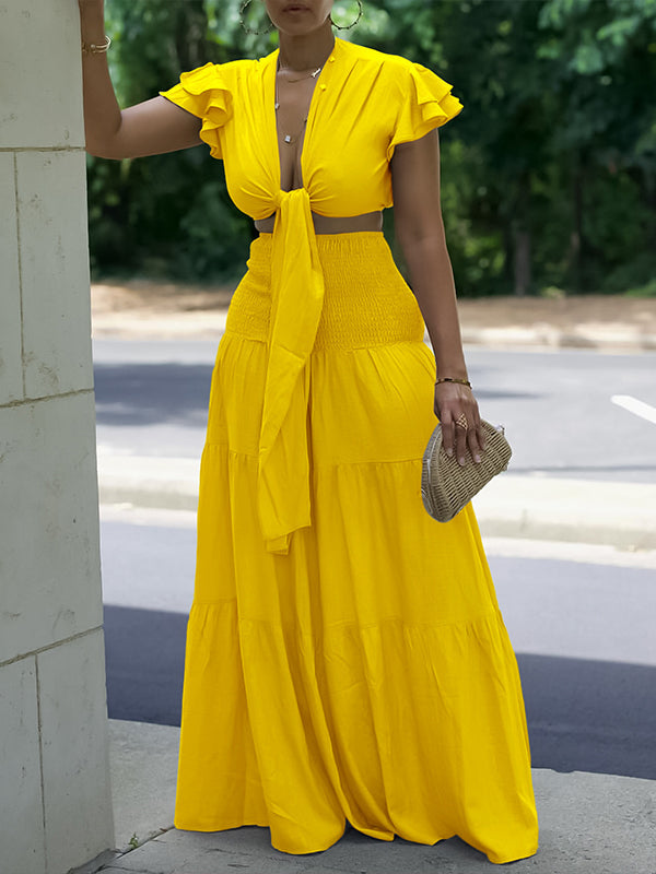 Solid Tied Top & Wide-Leg Pants Set Yellow