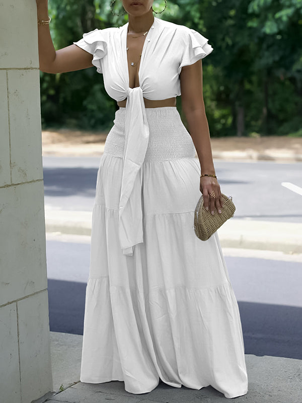 Solid Tied Top & Wide-Leg Pants Set White