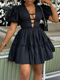 Black V-Neck Ruffle Dress--Clearance Black L