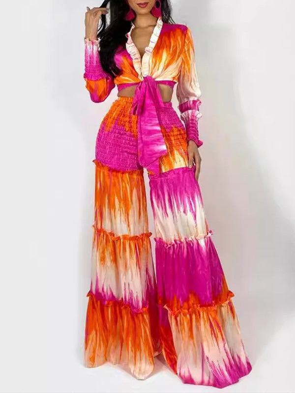 Printed Tied Top & Wide-Leg Pants Set--Clearance Multicolor 2XL