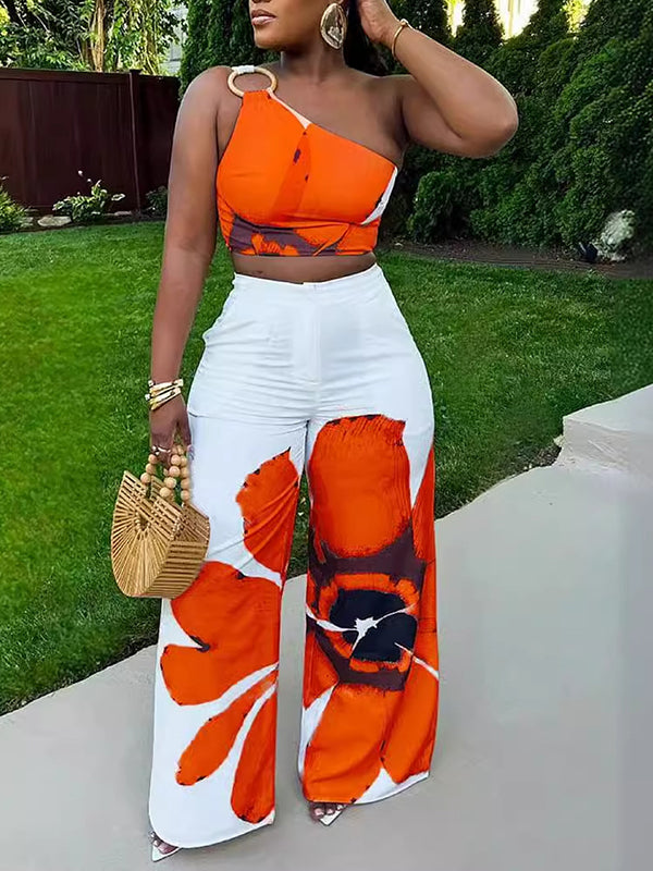 Printed One-Shoulder Top & Wide Leg Pants Set Orange