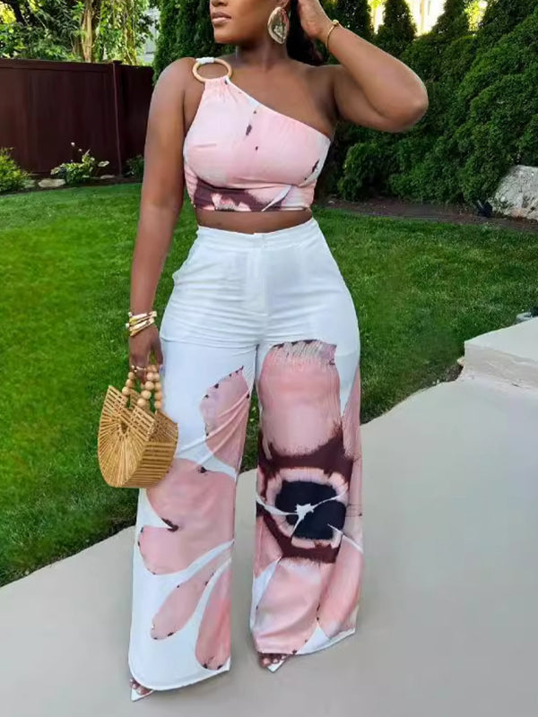 Printed One-Shoulder Top & Wide Leg Pants Set Pink
