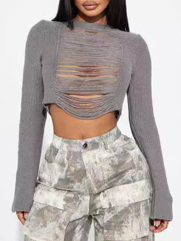 Ripped Cropped Sweater--Clearance Gray L