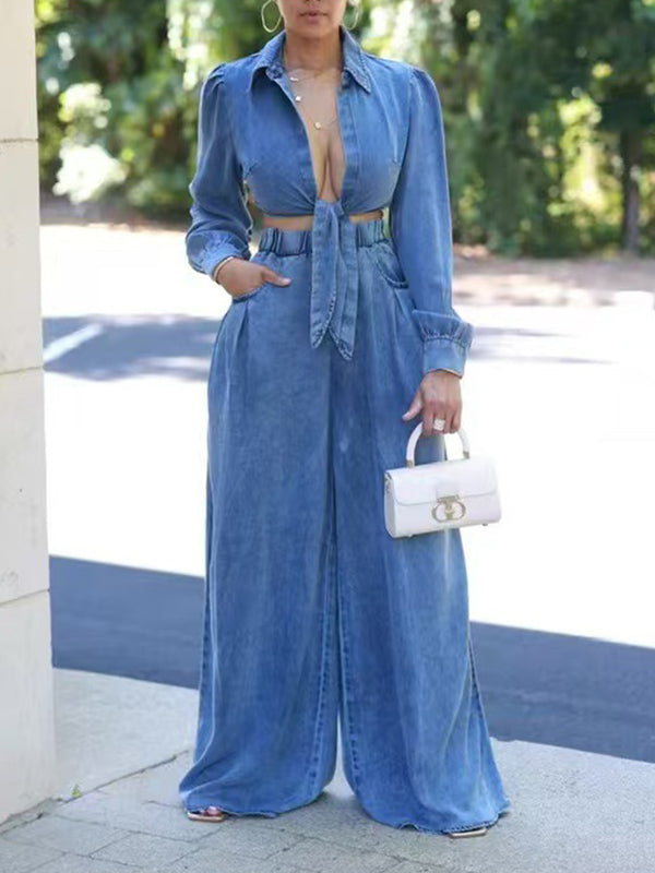 Denim Tied Shirt & Wide-Leg Pants Set Blue
