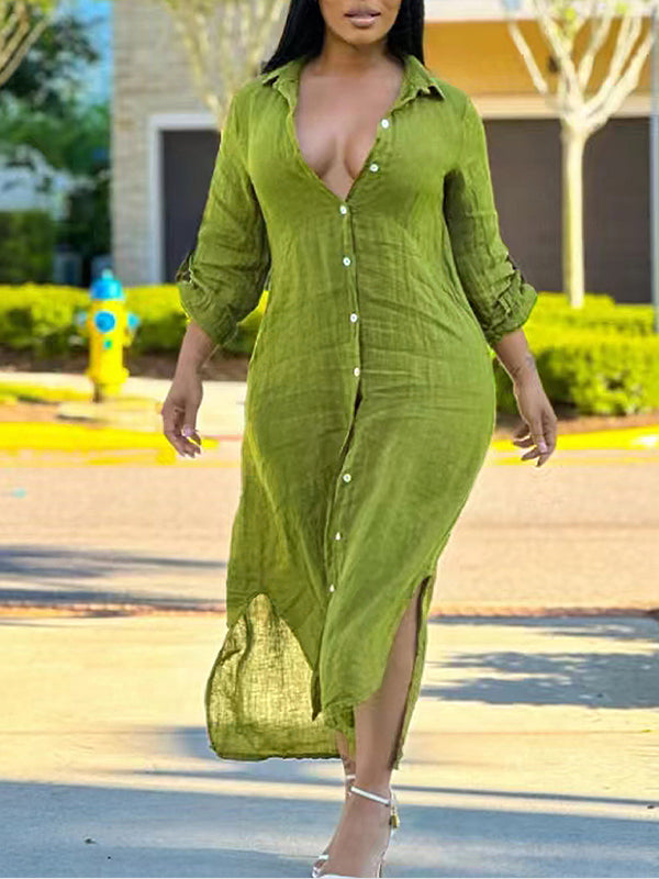 Side-Slit Shirt Dress--Clearance Green S