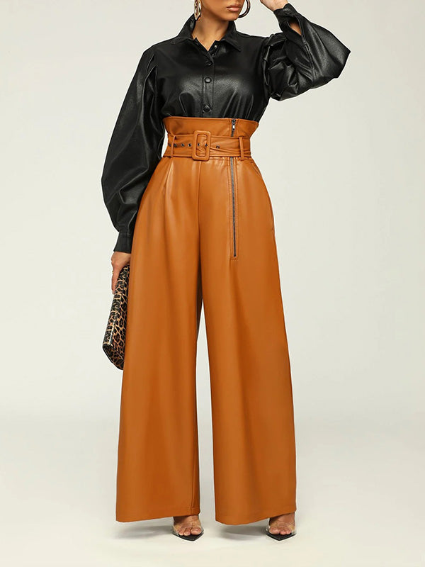 Faux-Leather Wide-Leg Belted Pants--Clearance