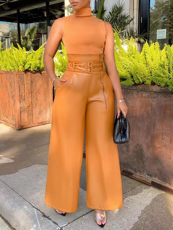 Faux-Leather Wide-Leg Belted Pants--Clearance
