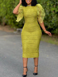 Sheer Combo Bodycon Dress--Clearance Yellow S