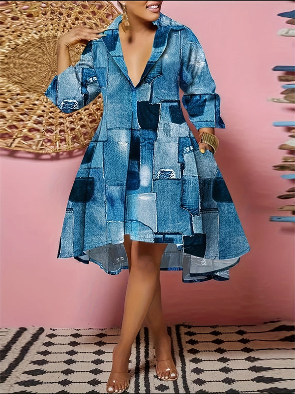 Printed Shirt Dress--Clearance Blue S
