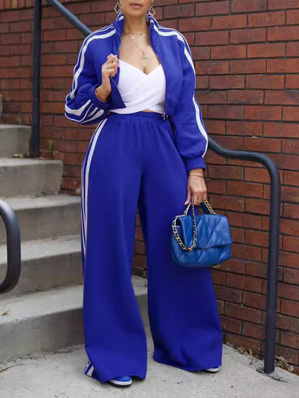 Side Stripe Jacket & Wide-Leg Pants Set Blue