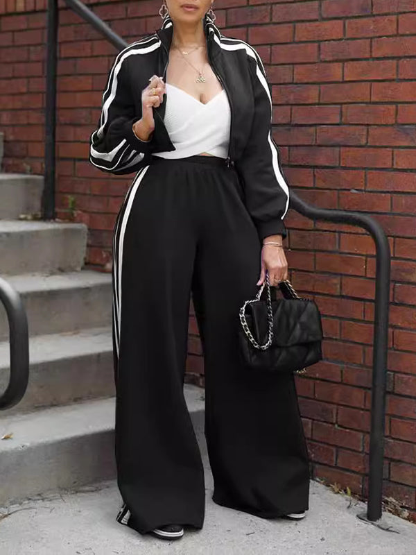 Side Stripe Jacket & Wide-Leg Pants Set Black