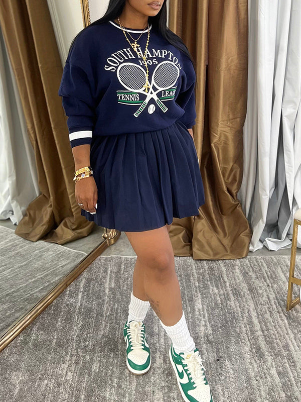 Printed Sweatshirt & Pleated Skirt Set--Clearance