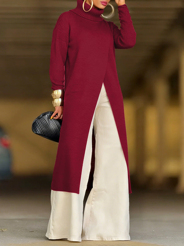 Knit Turtleneck Slit Tunic Top Burgundy