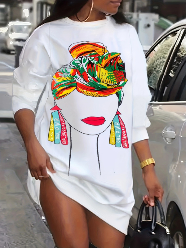 Printed Sweatshirt Dress--Clearance White S