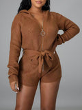 Knit Zip-Front Hoodie Romper--Clearance Brown S
