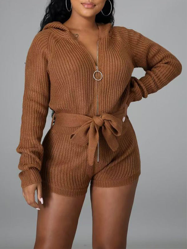 Knit Zip-Front Hoodie Romper--Clearance Brown S