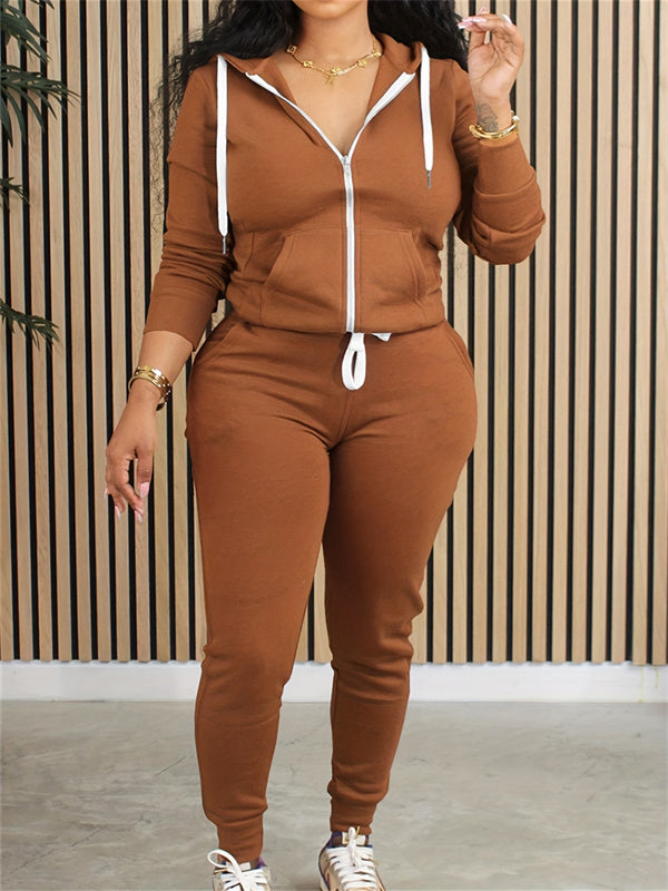 Zip Front Hoodie & Pants Set--Clearance Brown S