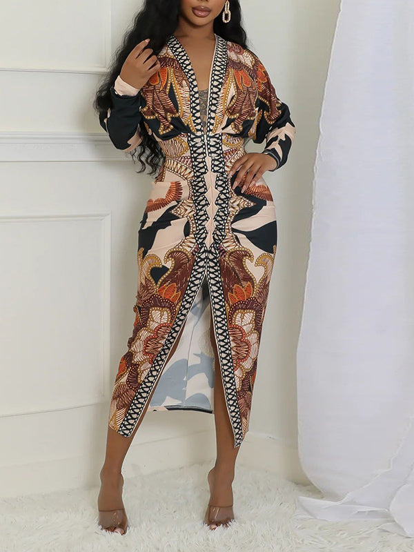 Printed V-Neck Ruched Dress--Clearance Khaki S