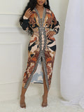 Printed V-Neck Ruched Dress--Clearance Khaki S