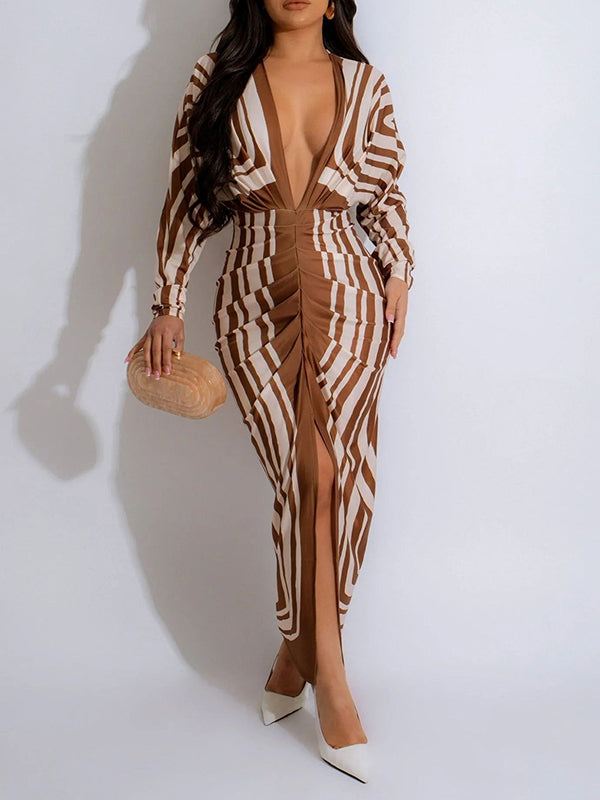Printed V-Neck Ruched Dress--Clearance