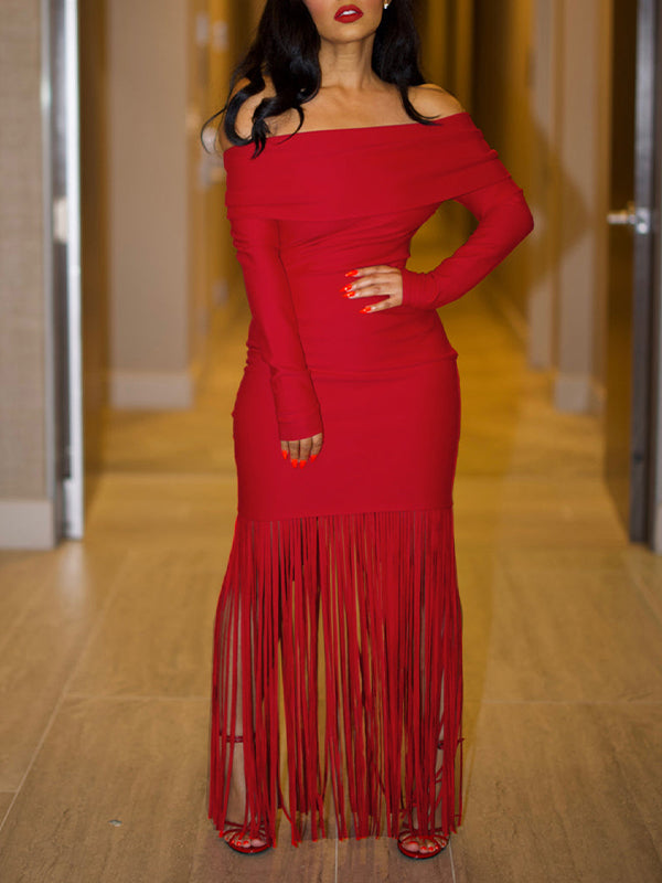 Off-Shoulder Fringe Dress Red