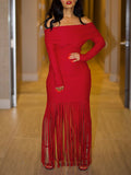 Off-Shoulder Fringe Dress Red