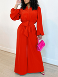 Solid Button-Front Tied Jumpsuit--Clearance Red S