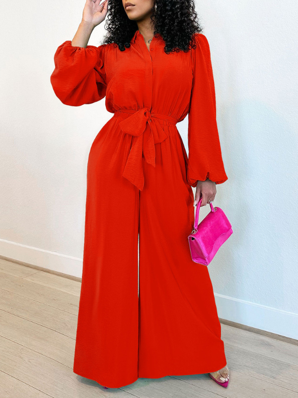Solid Button-Front Tied Jumpsuit--Clearance Red S