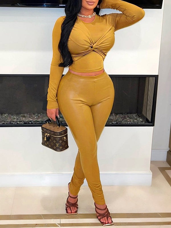 Solid Twisted Top & Faux-Leather Pants Set--Clearance