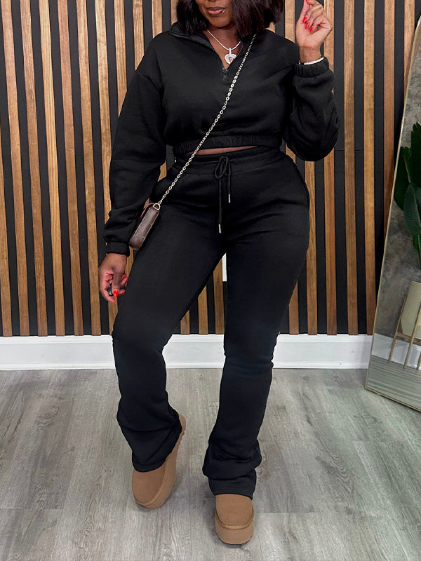 Zip-Front Sweatshirt & Pants Set Black