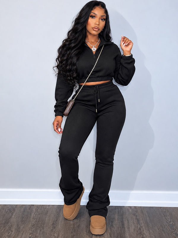 Solid Zip-Front Sweatshirt & Pants Set