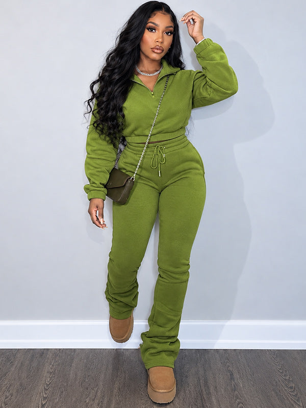 Solid Zip-Front Sweatshirt & Pants Set