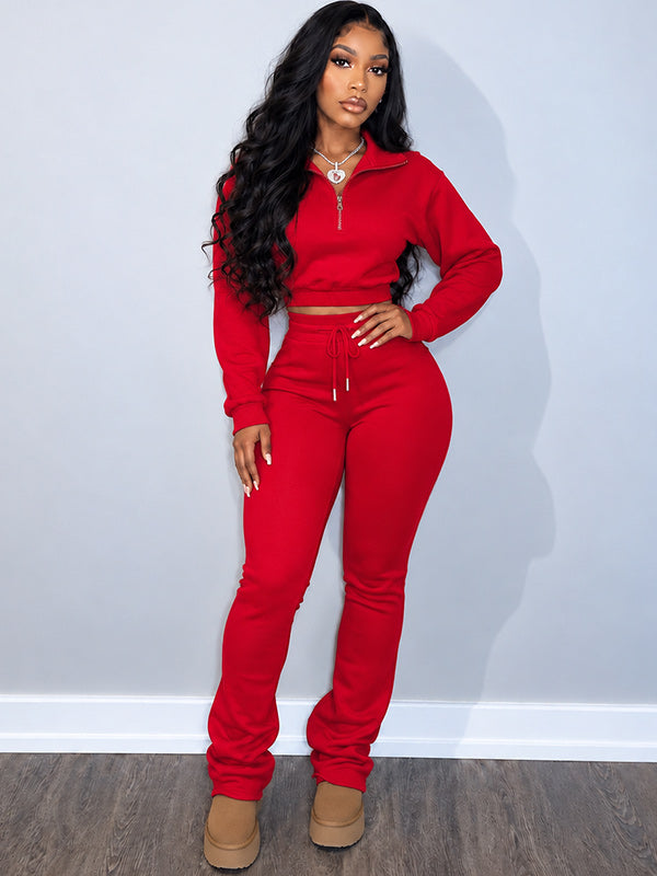 Solid Zip-Front Sweatshirt & Pants Set