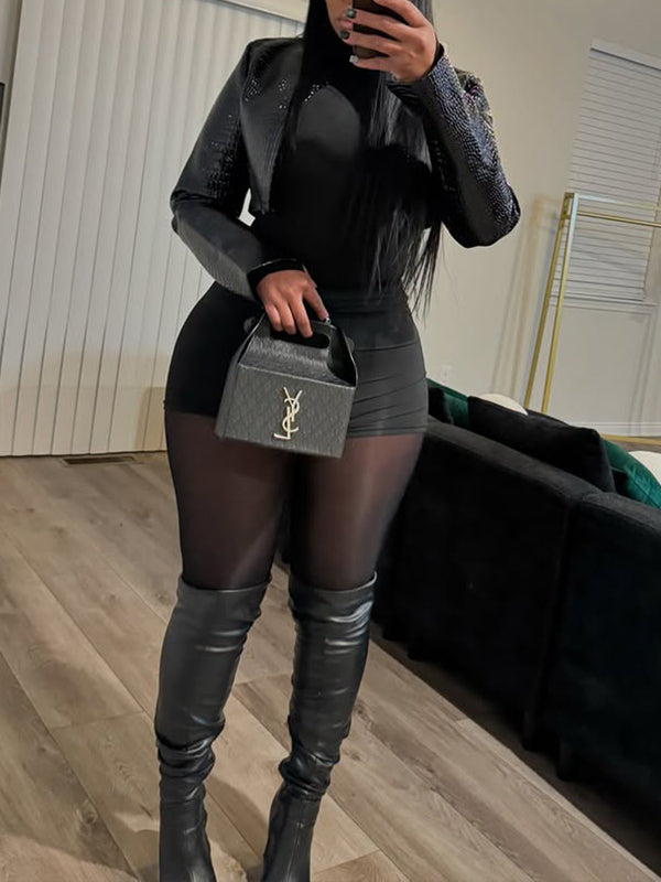Faux-Leather Cropped Jacket Black