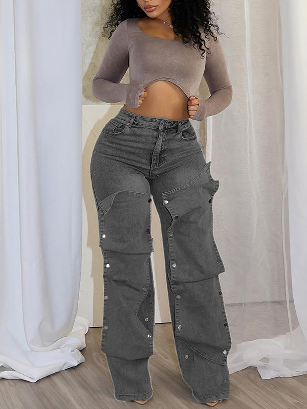 Detachable Button Jeans Gray