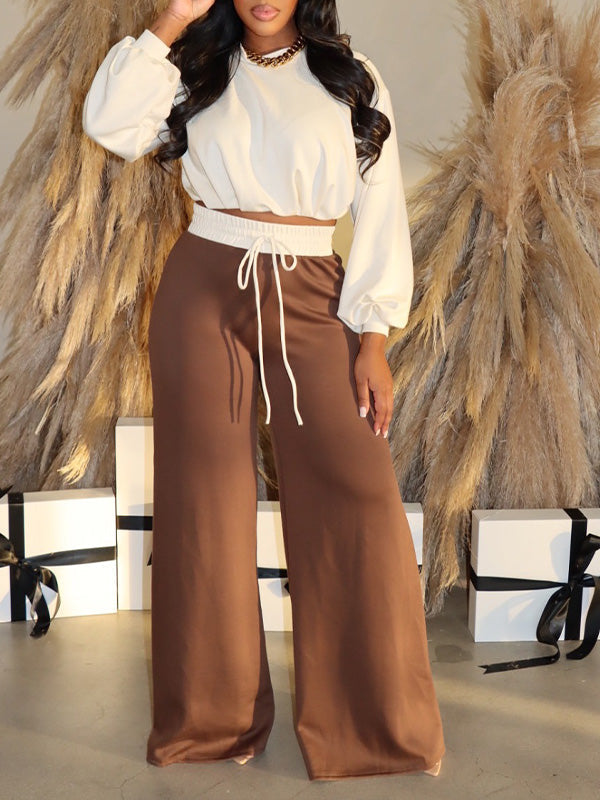 Two-Tone Wide-Leg Pants Set--Clearance Brown S