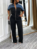 Zip-Front Side-Stripe Jumpsuit--Clearance Black L