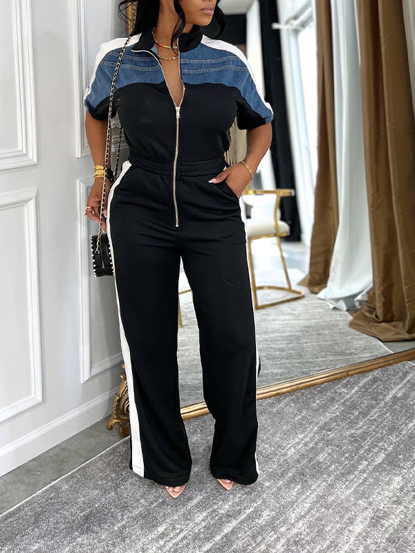 Zip-Front Side-Stripe Jumpsuit--Clearance Black L