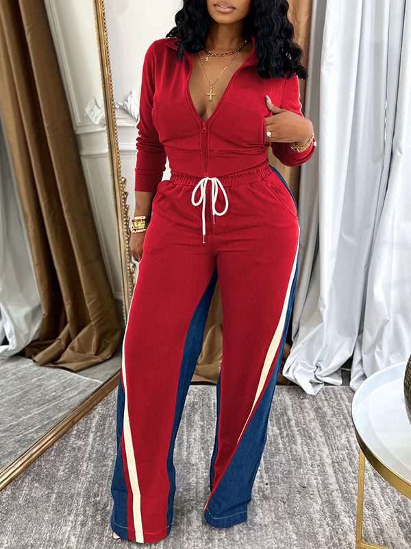 Zip-Front Top & Side-Stripe Pants Set Red