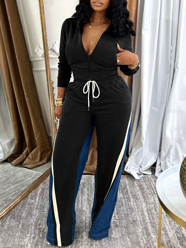 Zip-Front Top & Side-Stripe Pants Set Black