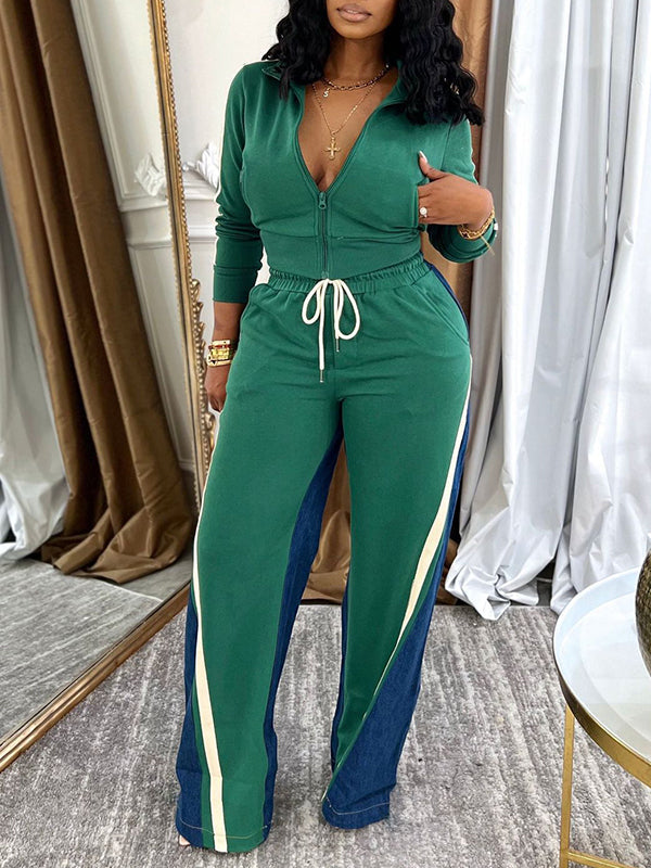 Zip-Front Top & Side-Stripe Pants Set Green