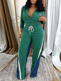 Zip-Front Top & Side-Stripe Pants Set Green