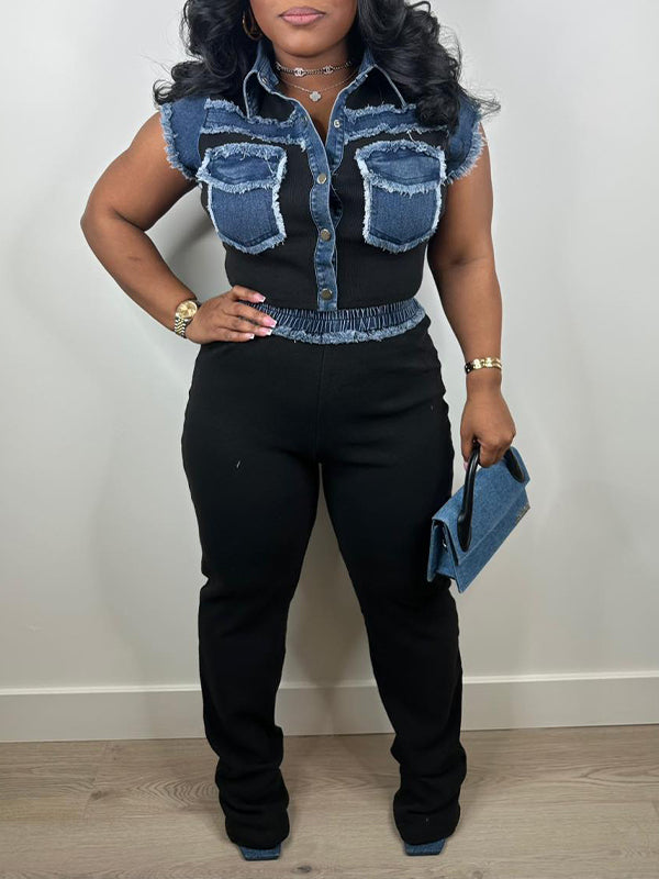 Denim Combo Shirt & Pants Set Black