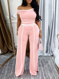 Piping Off-Shoulder Top & Pants Set Pink