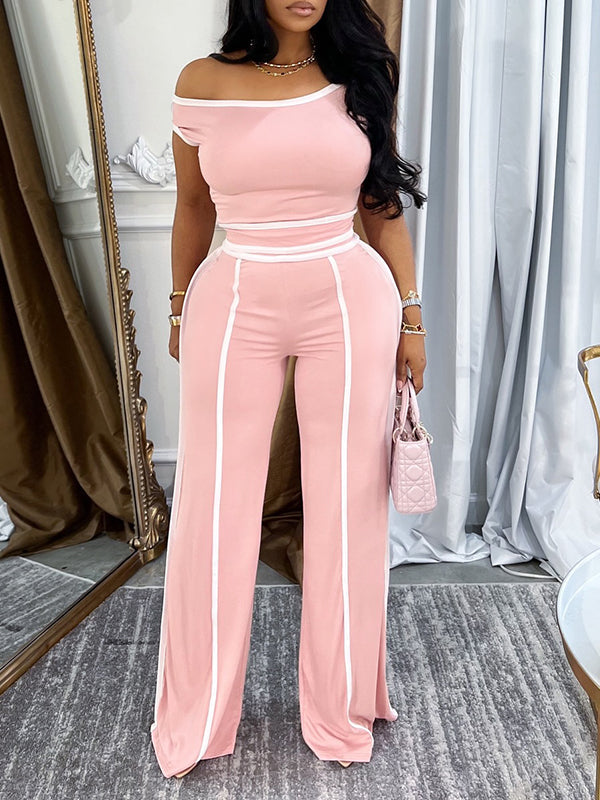 Piping Off-Shoulder Top & Pants Set Pink