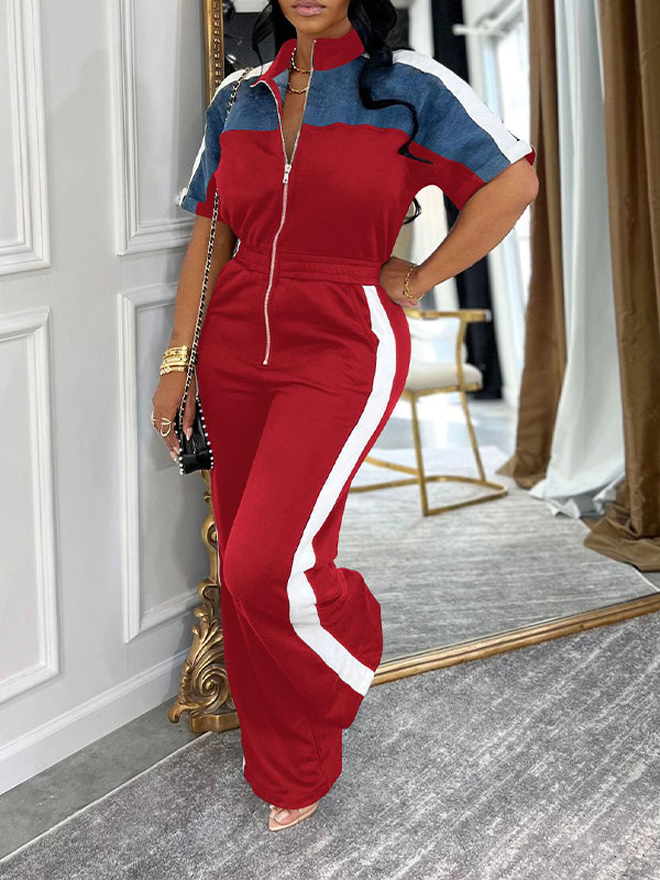 Denim-Combo Zip-Front Jumpsuit Red
