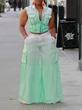 Sleeveless Shirt & Wide-Leg Pants Set Green